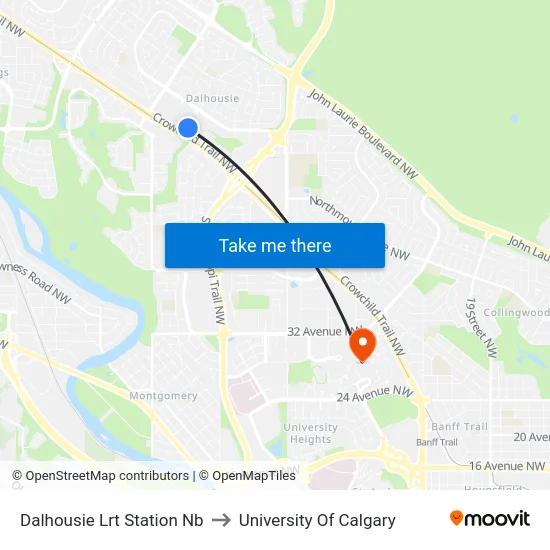 Dalhousie Lrt Station Nb to University Of Calgary map