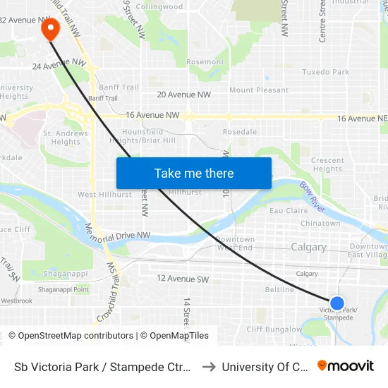 Sb Victoria Park / Stampede Ctrain Station to University Of Calgary map