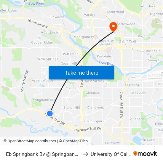 Eb Springbank Bv @ Springbank Pl SW to University Of Calgary map