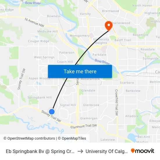 Eb Springbank Bv @ Spring Cr SW to University Of Calgary map
