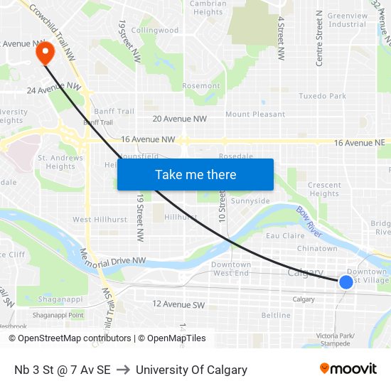 Nb 3 St @ 7 Av SE to University Of Calgary map