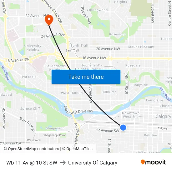 Wb 11 Av @ 10 St SW to University Of Calgary map