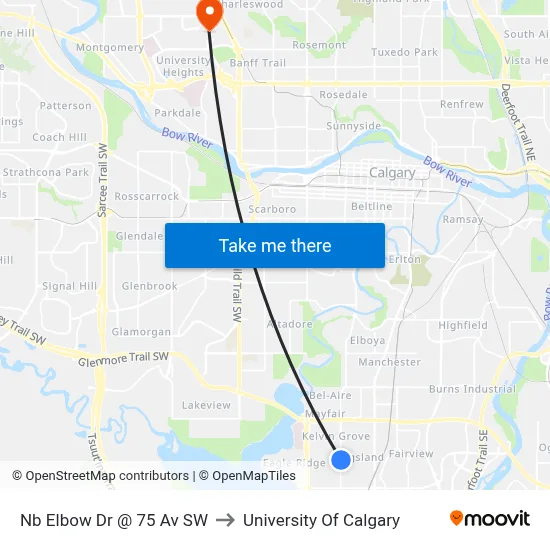 Nb Elbow Dr @ 75 Av SW to University Of Calgary map