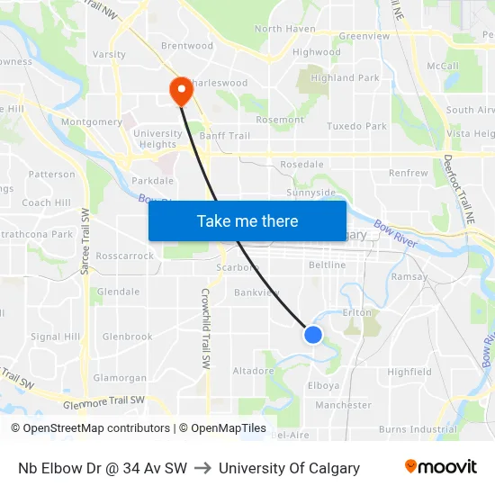 Nb Elbow Dr @ 34 Av SW to University Of Calgary map