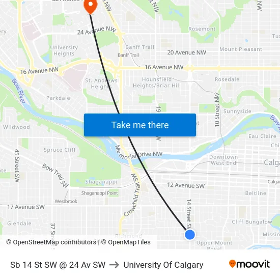 Sb 14 St SW @ 24 Av SW to University Of Calgary map