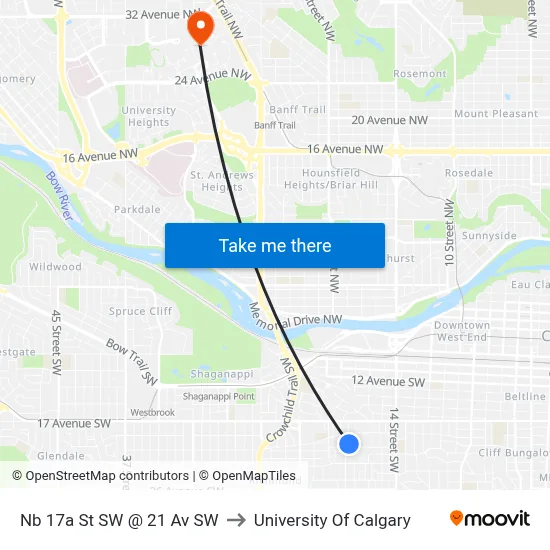 Nb 17a St SW @ 21 Av SW to University Of Calgary map