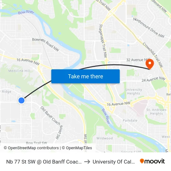 Nb 77 St SW @ Old Banff Coach Rd to University Of Calgary map