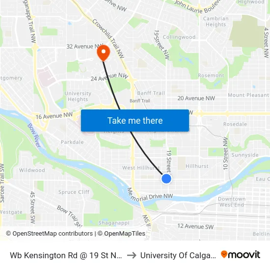 Wb Kensington Rd @ 19 St NW to University Of Calgary map