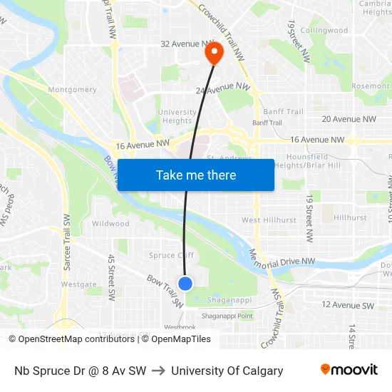 Nb Spruce Dr @ 8 Av SW to University Of Calgary map