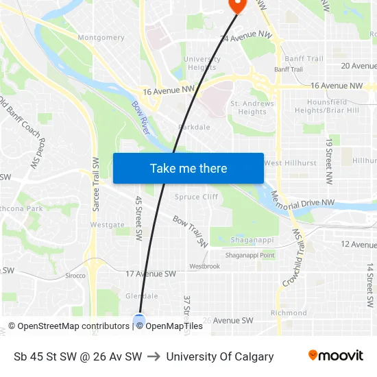 Sb 45 St SW @ 26 Av SW to University Of Calgary map