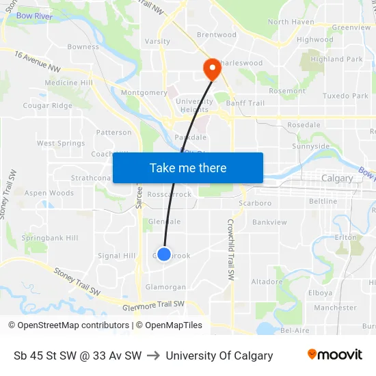 Sb 45 St SW @ 33 Av SW to University Of Calgary map