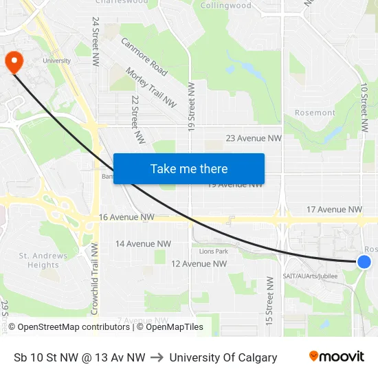 Sb 10 St NW @ 13 Av NW to University Of Calgary map