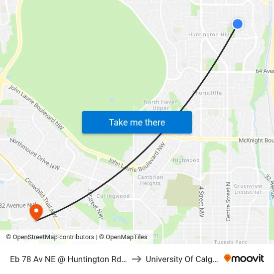 Eb 78 Av NE @ Huntington Rd NE to University Of Calgary map