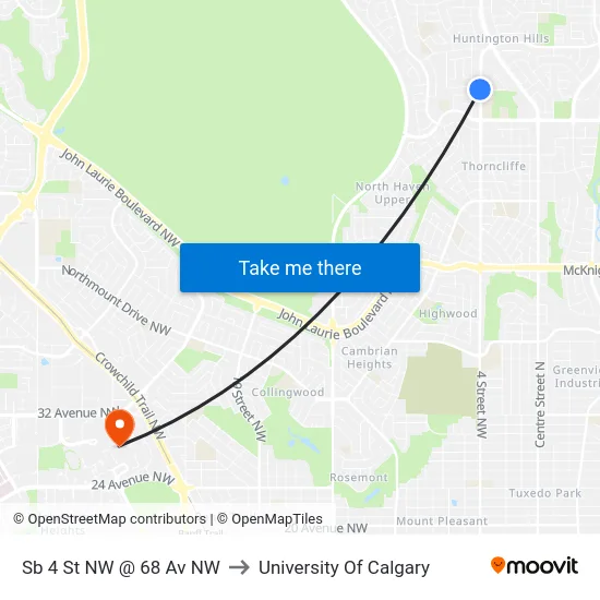 Sb 4 St NW @ 68 Av NW to University Of Calgary map
