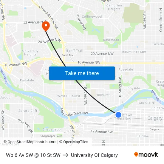 Wb 6 Av SW @ 10 St SW to University Of Calgary map