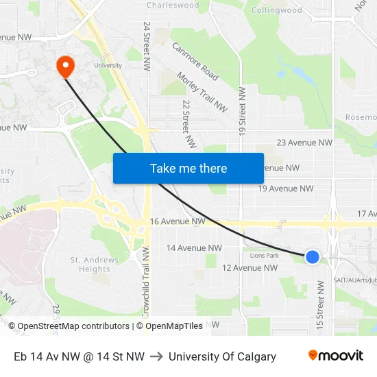 Eb 14 Av NW @ 14 St NW to University Of Calgary map