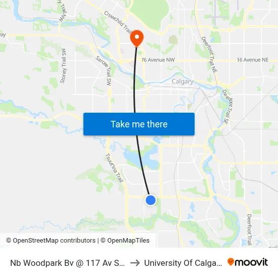 Nb Woodpark Bv @ 117 Av SW to University Of Calgary map