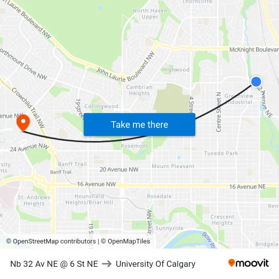 Nb 32 Av NE @ 6 St NE to University Of Calgary map