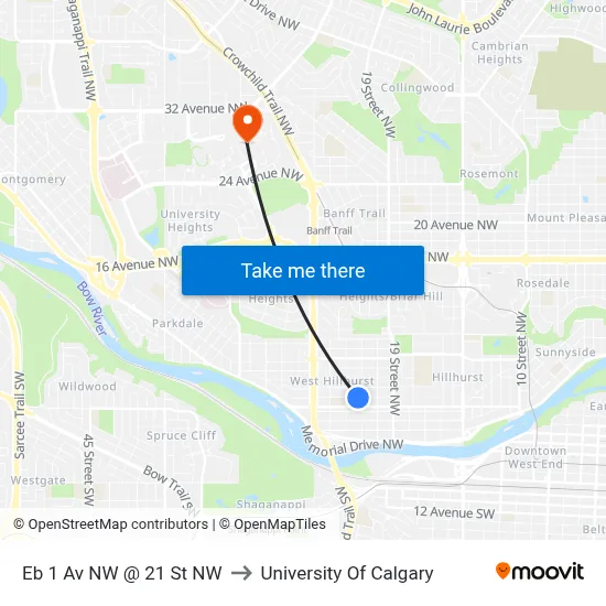 Eb 1 Av NW @ 21 St NW to University Of Calgary map
