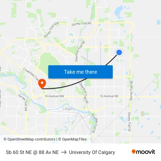 Sb 60 St NE @ 88 Av NE to University Of Calgary map