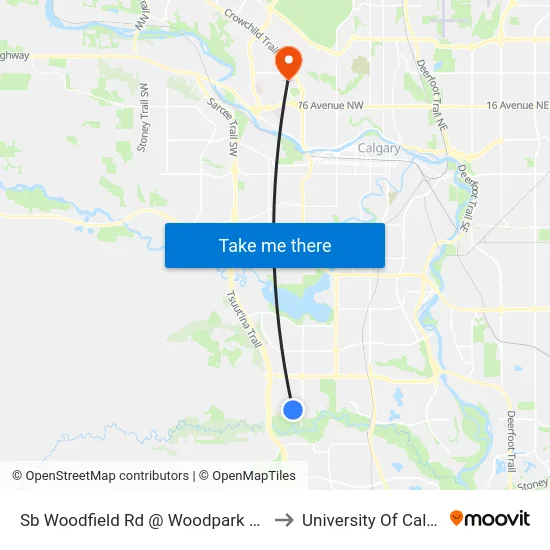 Sb Woodfield Rd @ Woodpark Bv SW to University Of Calgary map