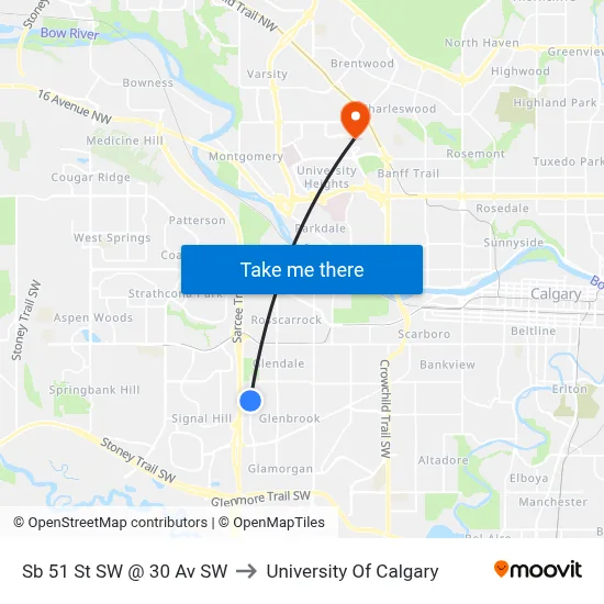 Sb 51 St SW @ 30 Av SW to University Of Calgary map