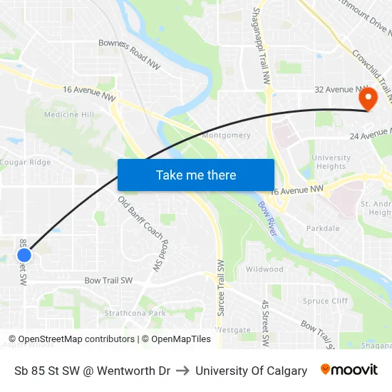 Sb 85 St SW @ Wentworth Dr to University Of Calgary map