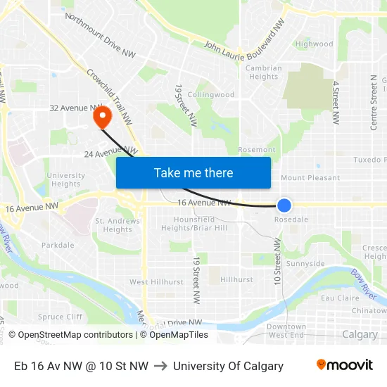 Eb 16 Av NW @ 10 St NW to University Of Calgary map
