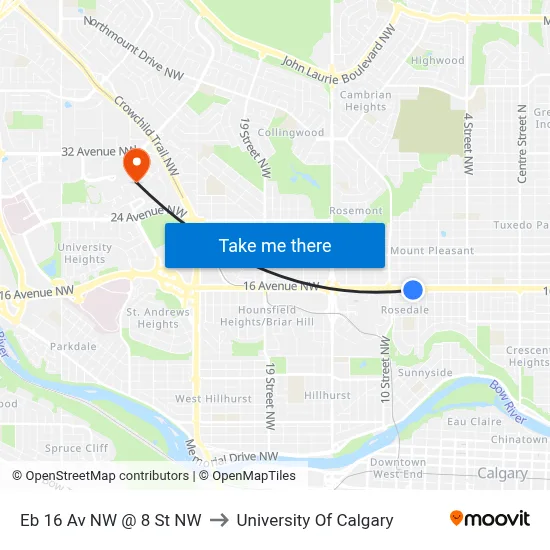 Eb 16 Av NW @ 8 St NW to University Of Calgary map