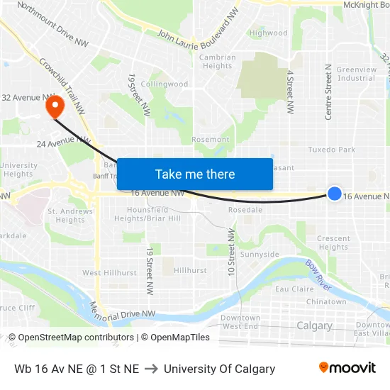 Wb 16 Av NE @ 1 St NE to University Of Calgary map