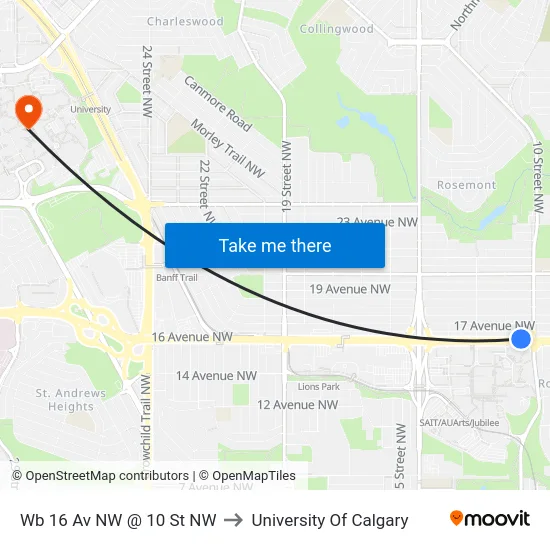 Wb 16 Av NW @ 10 St NW to University Of Calgary map