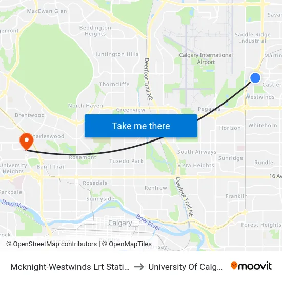 Mcknight-Westwinds Lrt Station to University Of Calgary map