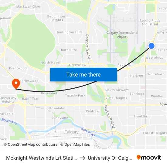 Mcknight-Westwinds Lrt Station to University Of Calgary map