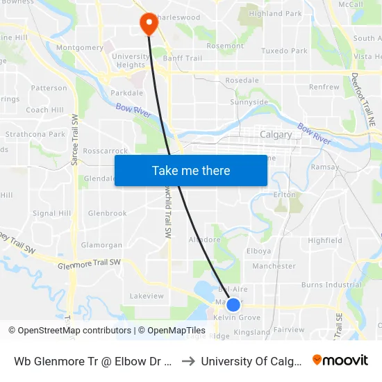 Wb Glenmore Tr @ Elbow Dr SW to University Of Calgary map