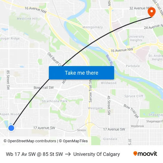 Wb 17 Av SW @ 85 St SW to University Of Calgary map