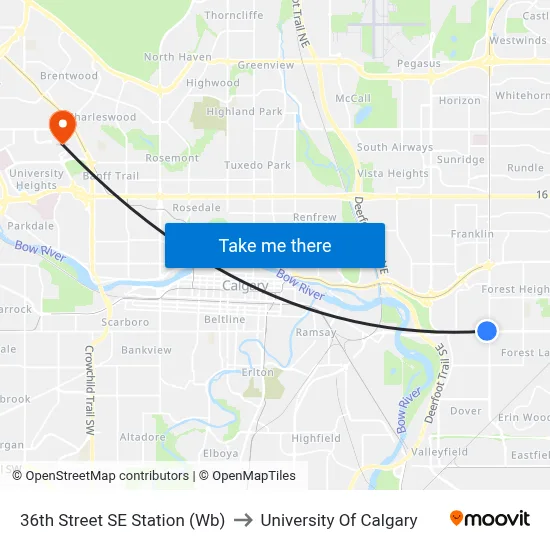 36th Street SE Station (Wb) to University Of Calgary map