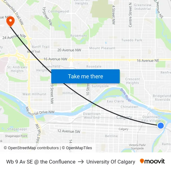 Wb 9 Av SE @ the Confluence to University Of Calgary map