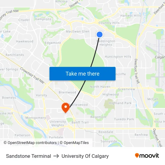 Sandstone Terminal to University Of Calgary map