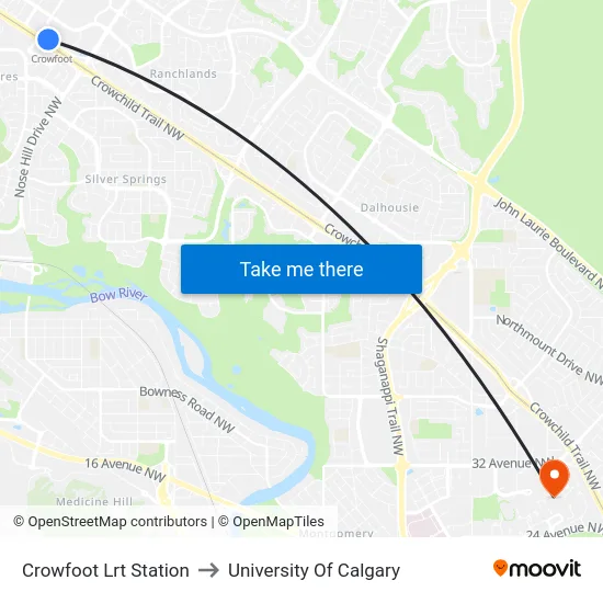 Crowfoot Lrt Station to University Of Calgary map