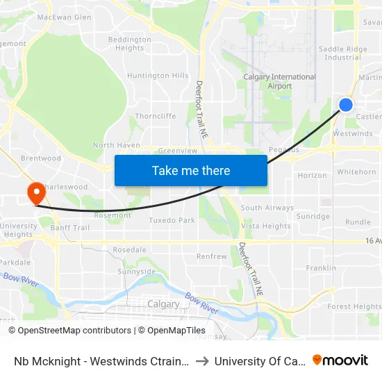 Nb Mcknight - Westwinds Ctrain Station to University Of Calgary map