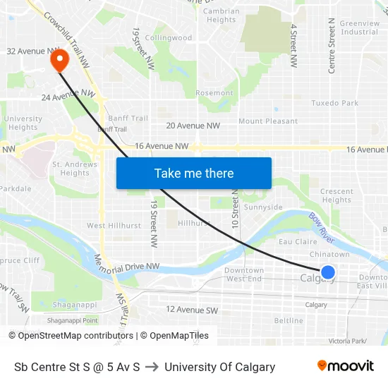 Sb Centre St S @ 5 Av S to University Of Calgary map
