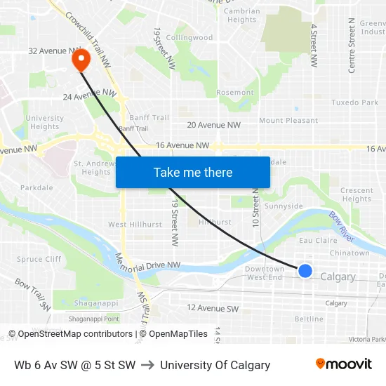 Wb 6 Av SW @ 5 St SW to University Of Calgary map