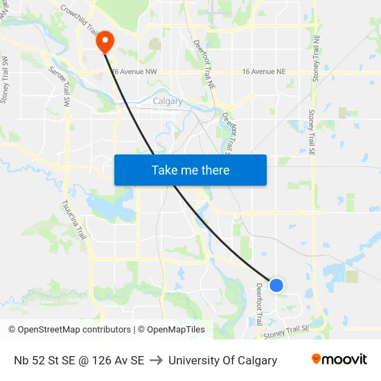 Nb 52 St SE @ 126 Av SE to University Of Calgary map