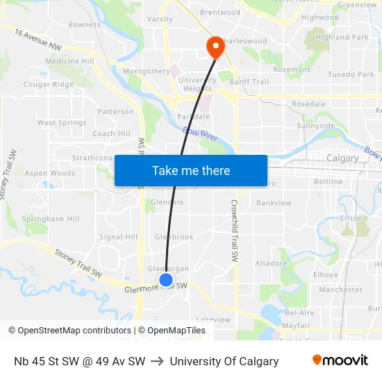 Nb 45 St SW @ 49 Av SW to University Of Calgary map