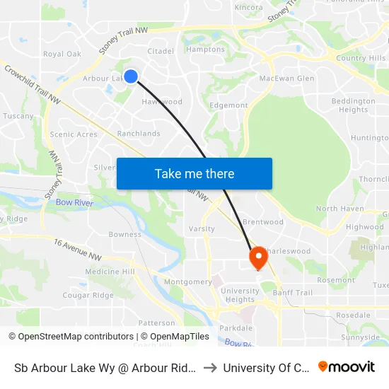 Sb Arbour Lake Wy @ Arbour Ridge Wy NW to University Of Calgary map