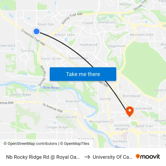 Nb Rocky Ridge Rd @ Royal Oak Dr NW to University Of Calgary map