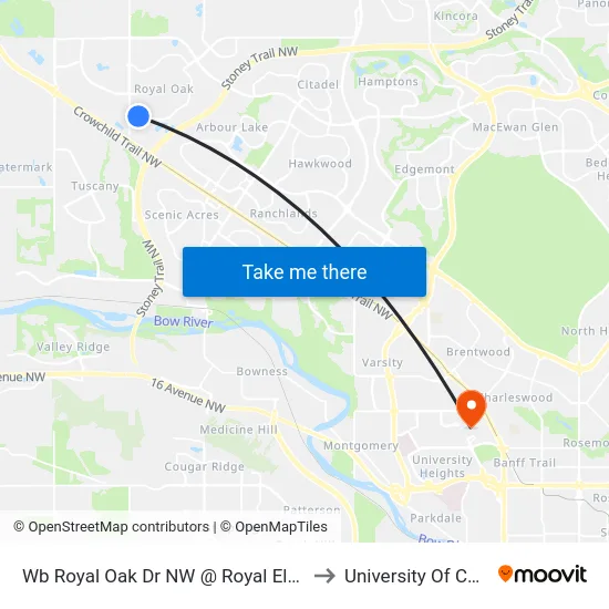 Wb Royal Oak Dr NW @ Royal Elm Dr NW to University Of Calgary map