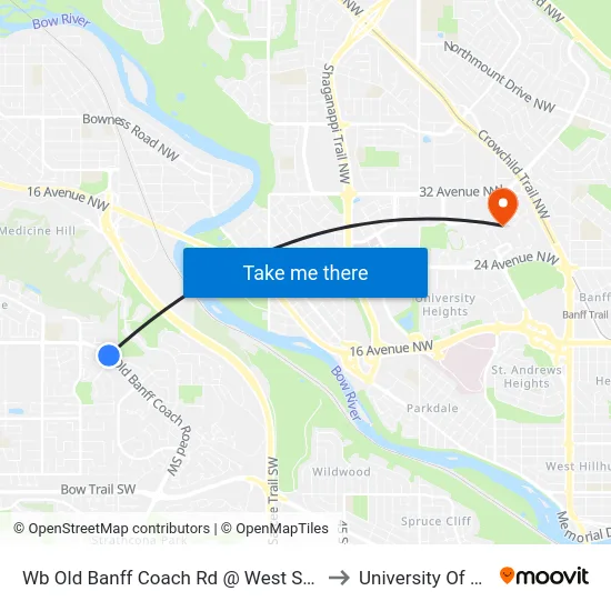 Wb Old Banff Coach Rd @ West Springs Ga SW to University Of Calgary map