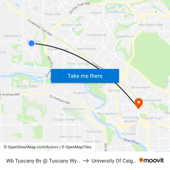 Wb Tuscany Bv @ Tuscany Wy NW to University Of Calgary map