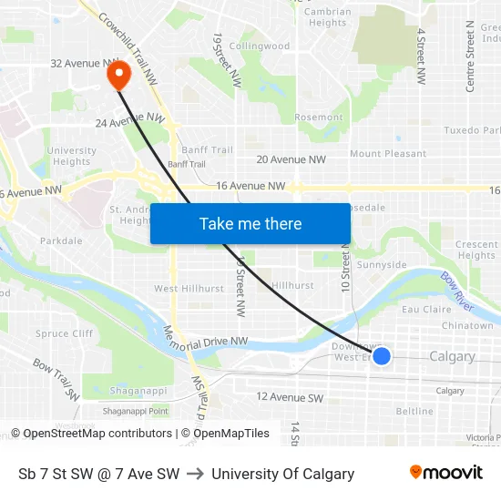 Sb 7 St SW @ 7 Ave SW to University Of Calgary map